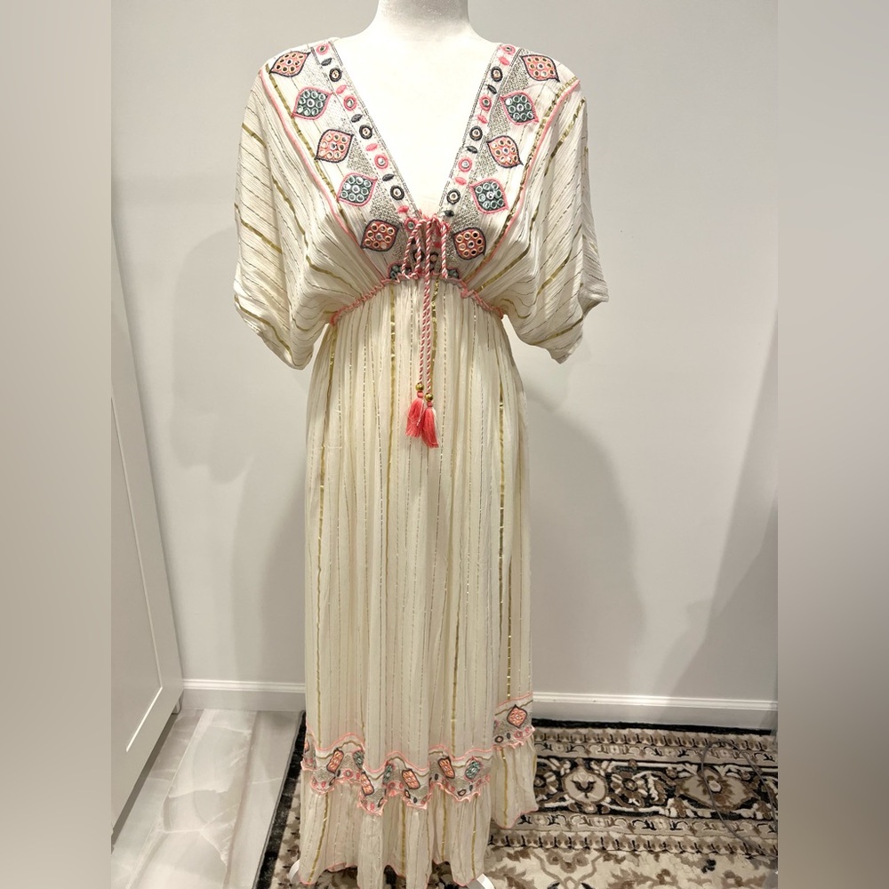 NWT Embroidered Cream Dress with Pink Accents